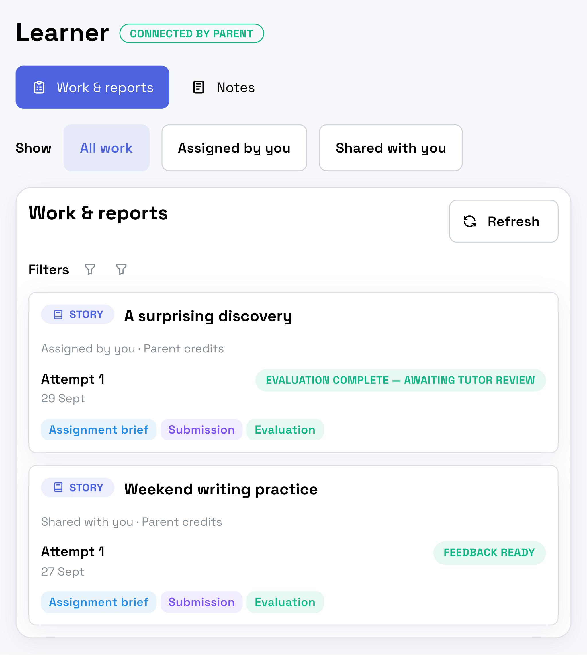 Tutor workspace showing assigned and parent-shared work for a connected learner.